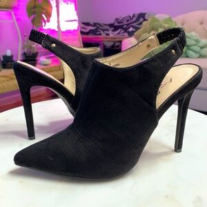Anne Michelle Suede Pointed Toe Slingback Pumps, Black, Size 6, 4 inch heel
